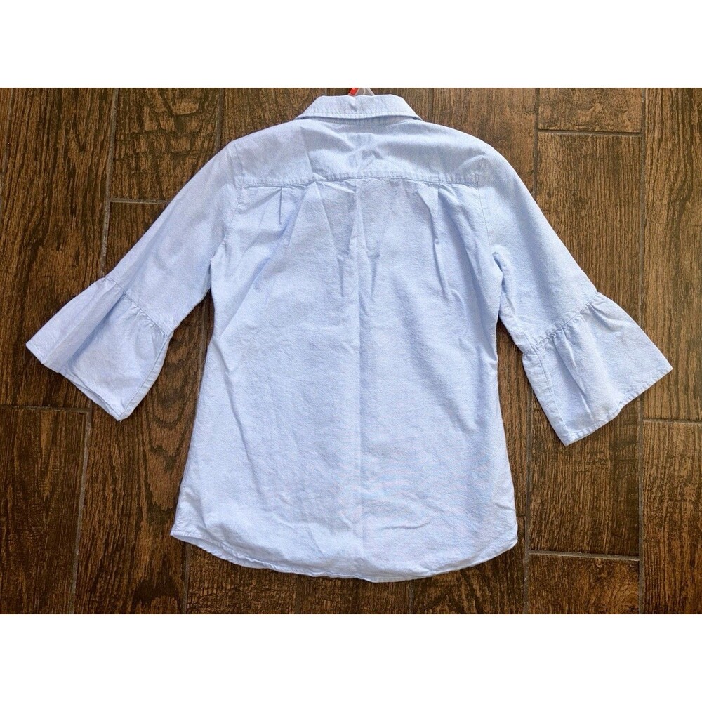 Womens XS Light Blue Chambray Bell Sleeve Ruffle Button Up Top dip Denim Look - Picture 2 of 5
